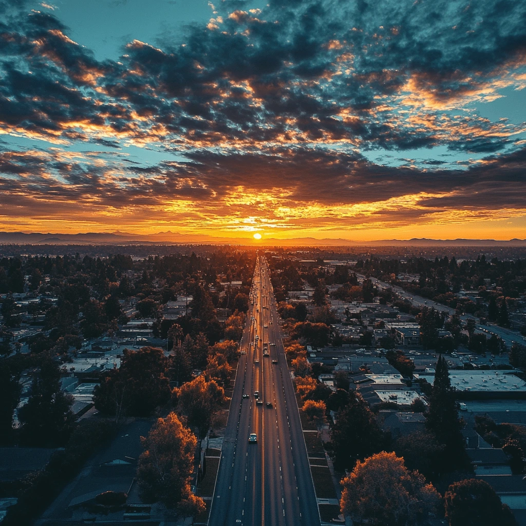 Aerial view of a vibrant sunset over Sacramento, California, with a straight road stretching into the horizon surrounded by houses and trees.