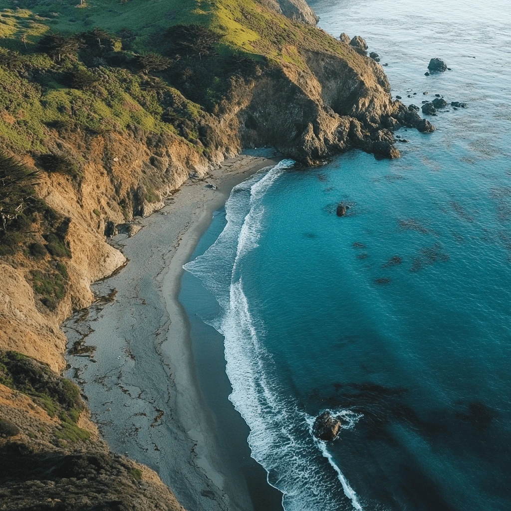 Aerial view of a secluded beach on the West Coast with turquoise waters, rugged cliffs, and lush green hills