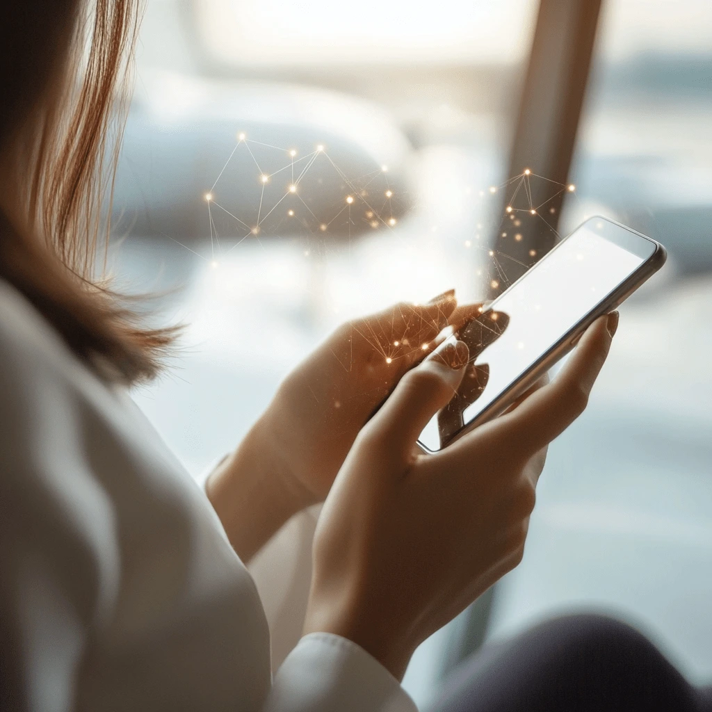 Close-up of a woman’s hands using a smartphone with glowing network connections, symbolizing technology and connectivity.