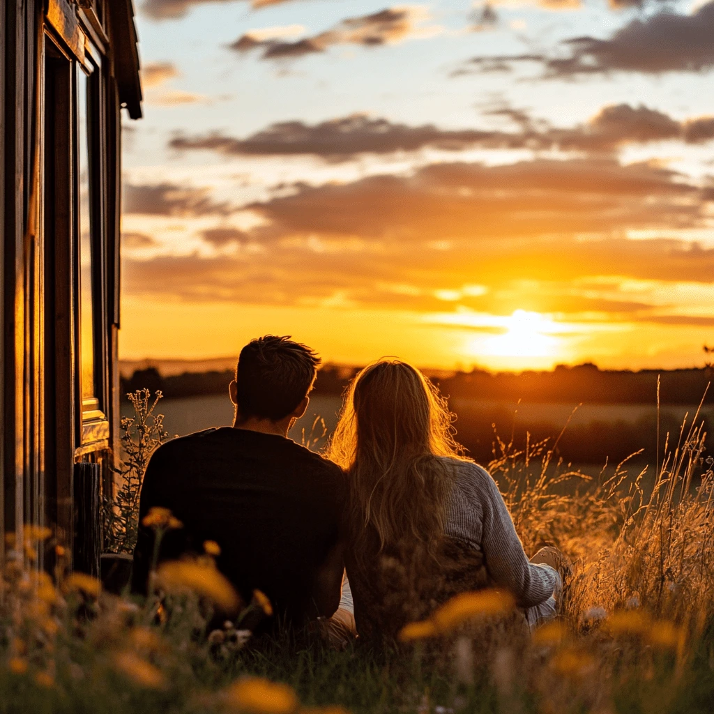 A couple sitting side by side near a cozy inn, enjoying a golden sunset in a picturesque countryside setting, surrounded by wildflowers.