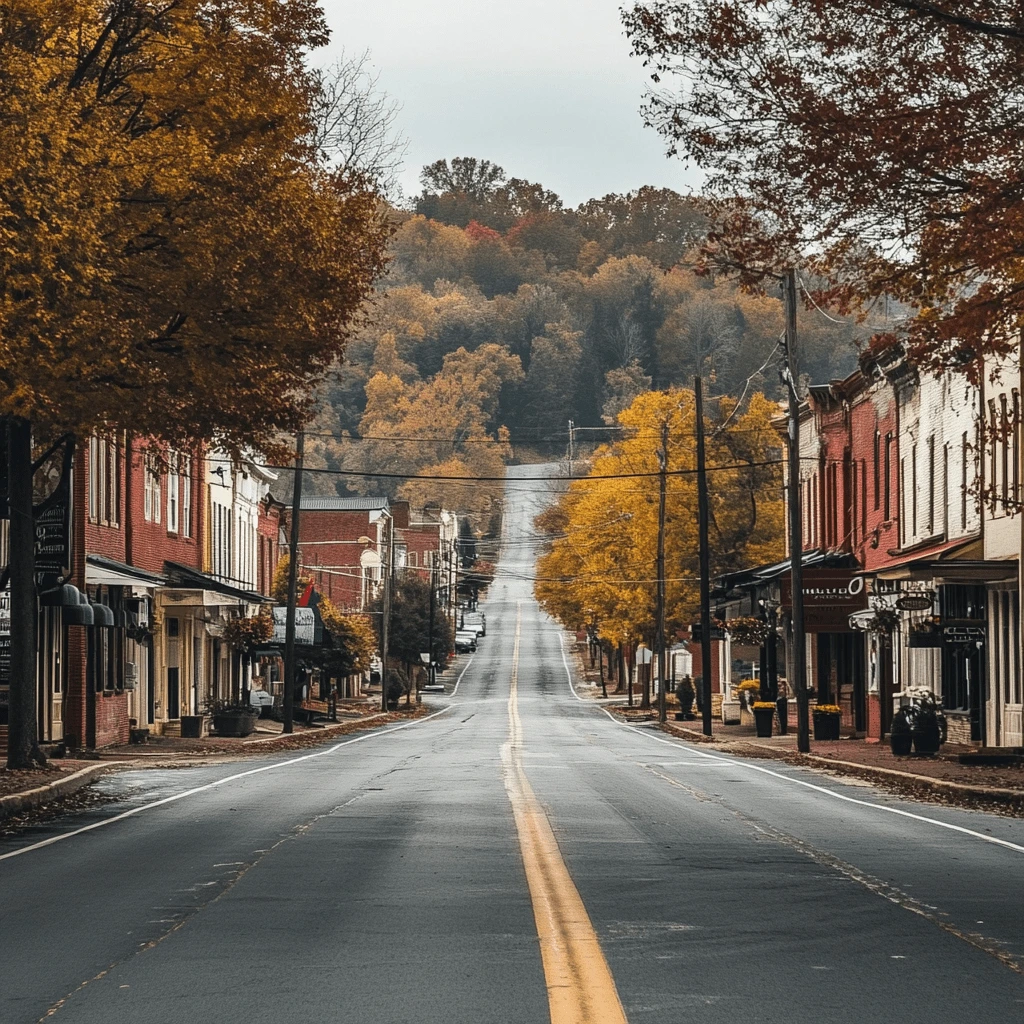 A charming street in a historic small town during autumn, lined with red-brick buildings and colorful fall foliage.