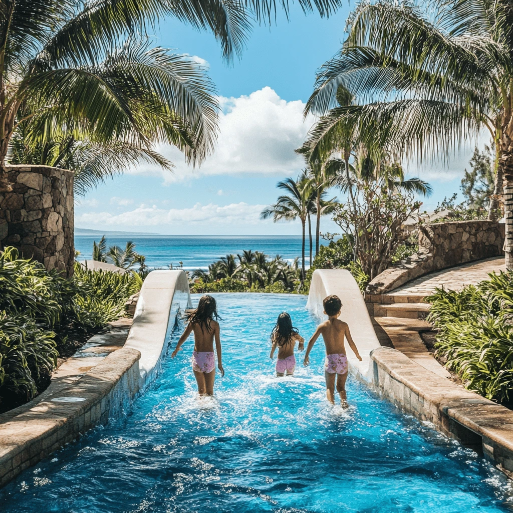 Three children enjoying a waterslide leading into a tropical pool surrounded by lush greenery and overlooking the ocean in Turks and Caicos.