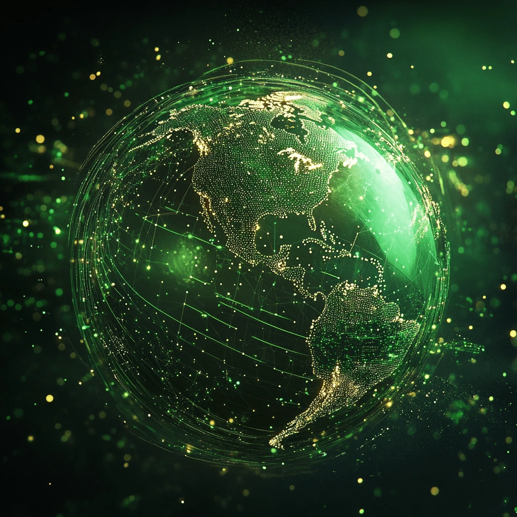 A glowing green 3D representation of Earth showcasing the Americas, surrounded by a futuristic network of golden data points and light trails.