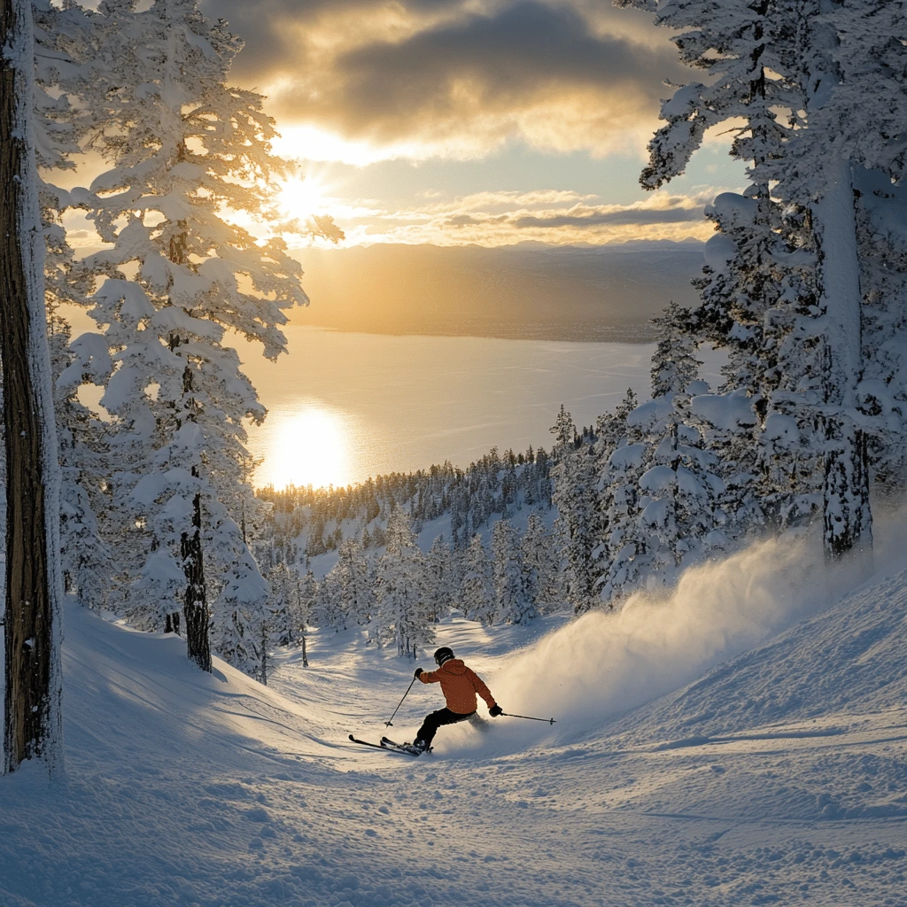 Skier gliding down a snow-covered slope at sunset with Lake Tahoe glistening in the background.