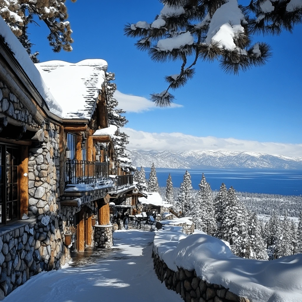 Lake Tahoe Winter Lodge - A Scenic Retreat--v_6.1_7062fbc9-0c77-4d04-9466-6978b8738954_1-min Rustic snow-covered lodge overlooking the sparkling blue waters of Lake Tahoe on a sunny winter day