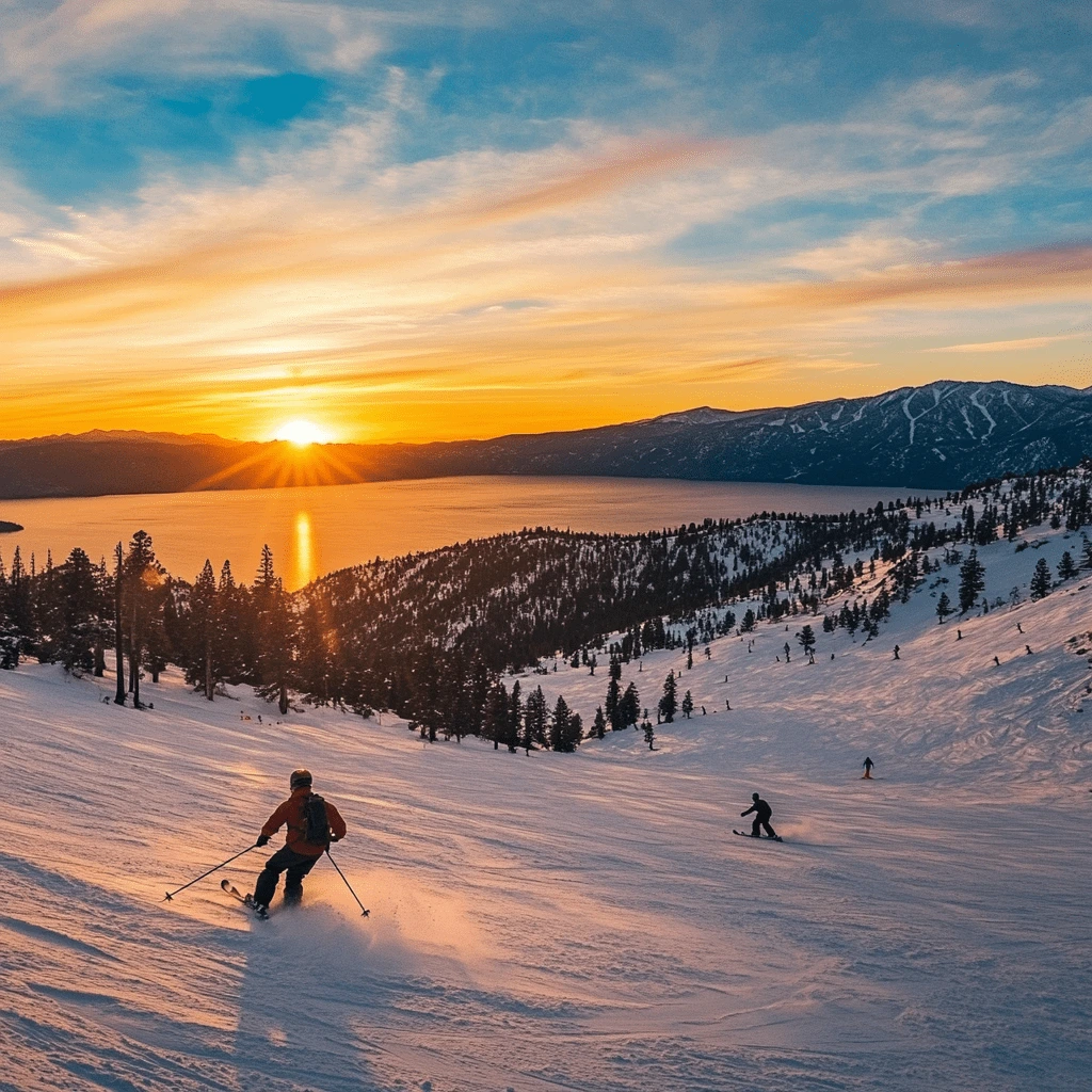 Sunset Skiing at Lake Tahoe - A Stunning Winter Adventure--v_6.1_7062fbc9-0c77-4d04-9466-6978b8738954_3-min Skier descending a snow-covered slope during a vibrant sunset at Lake Tahoe, with stunning lake and mountain views.