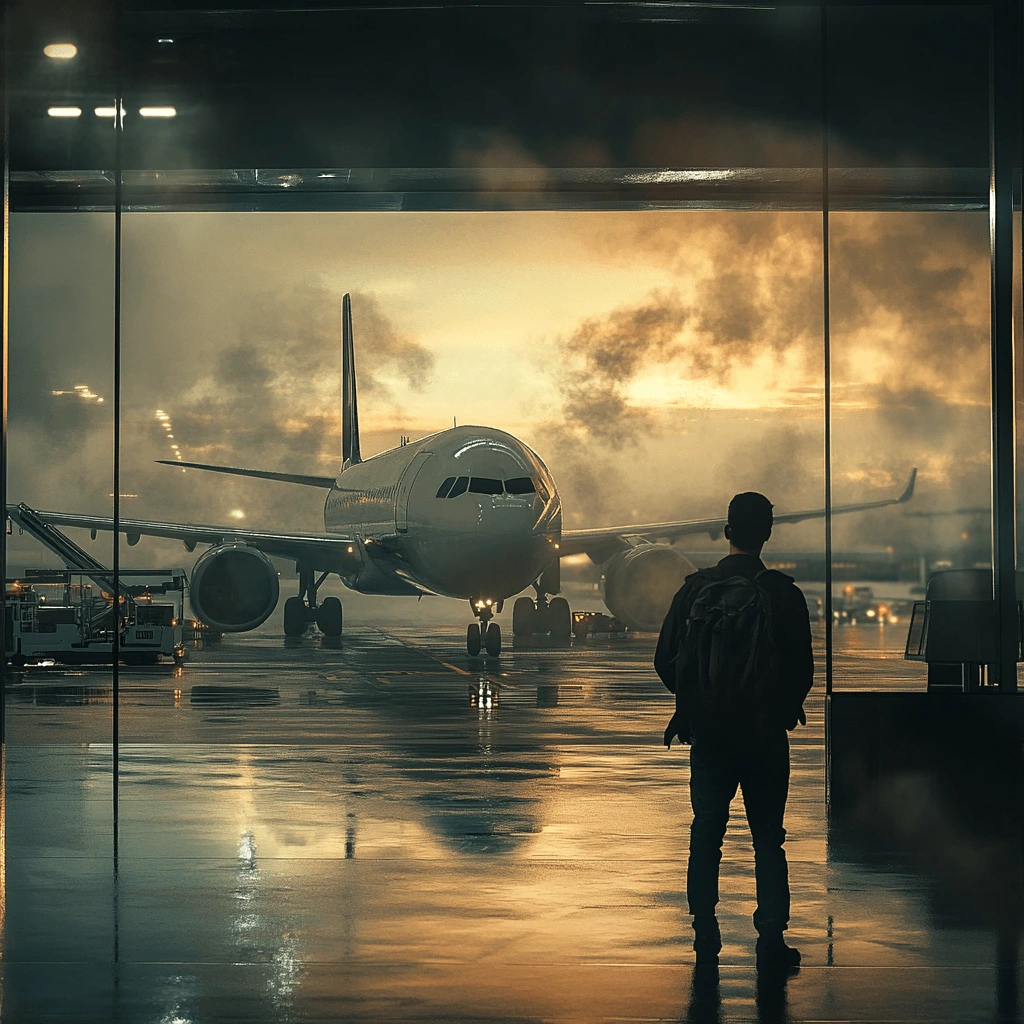 A silhouette of a man standing in an airport terminal, gazing at an airplane on the tarmac during a foggy sunset.