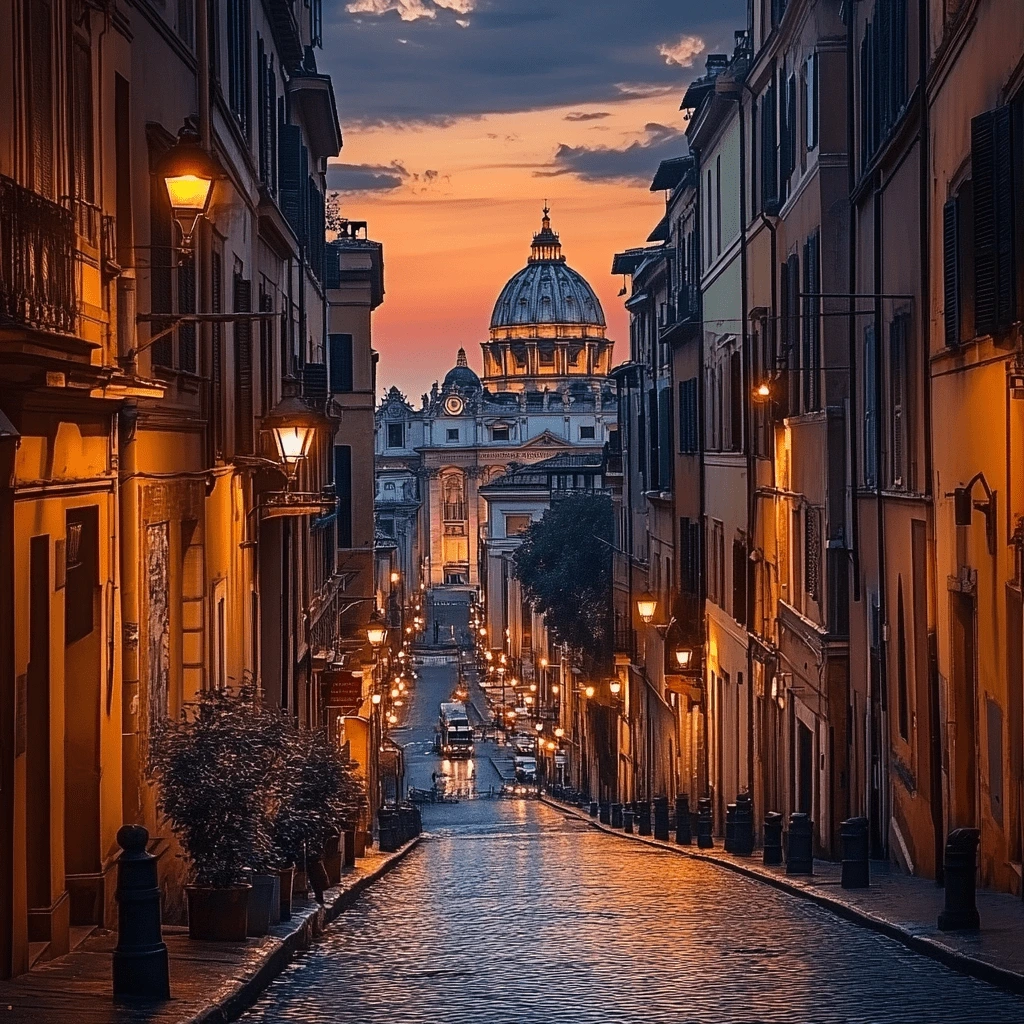 A street in Rome at dusk leading to St. Peter's Basilica, beautifully illuminated by warm streetlights and a vibrant sunset sky.