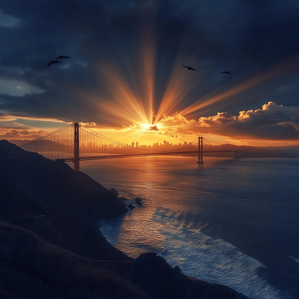Golden Gate Bridge at Sunrise: A Majestic San Francisco View Golden Gate Bridge at sunrise with sun rays breaking through clouds, overlooking San Francisco Bay with dramatic lighting and birds flying overhead.