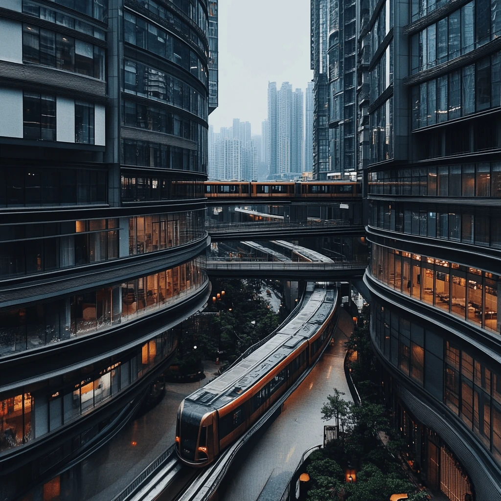 A train passing through a modern architectural complex in Chongqing, China, surrounded by sleek glass buildings and urban pathways.