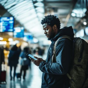 A traveler with a backpack using a smartphone in a busy airport terminal.