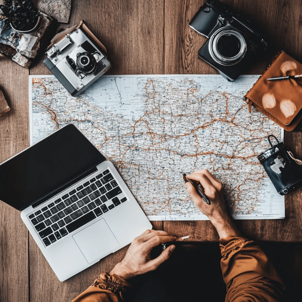 Crafting the Perfect Adventure: Planning Your Next Trip--v_6.1_a750c1b7-38d6-4ee7-a56b-cd88939e4aff_2-min A person planning a trip with a detailed map, laptop, cameras, and travel accessories on a wooden table.