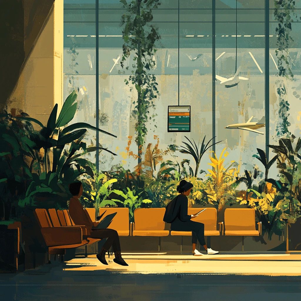 Relax and Recharge: A Green Oasis in the Heart of Travel A serene airport waiting area filled with lush greenery, with travelers seated on yellow chairs reading or relaxing.